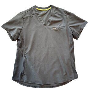 Landau Forward Womens Gray Scrub Top V-Neck Four-Way Stretch‎ With Zipper Pocket